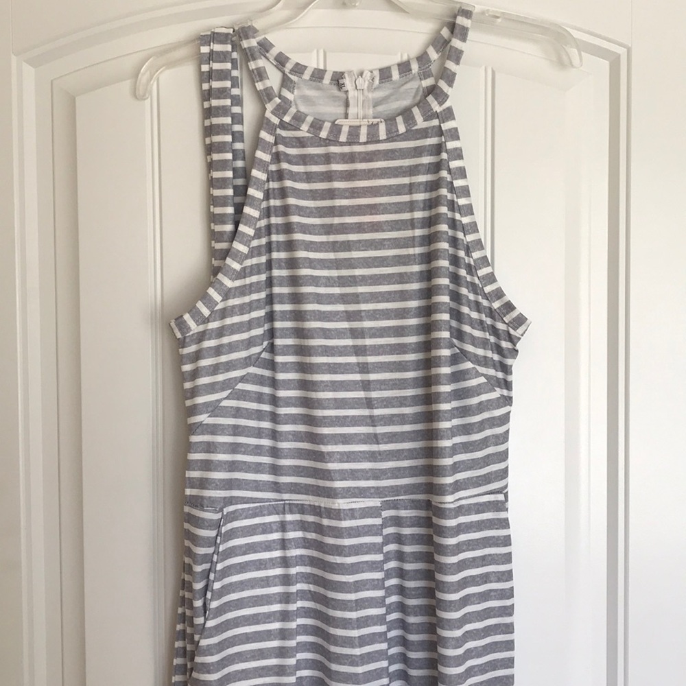 Gray and white striped long pant romper. Size XL